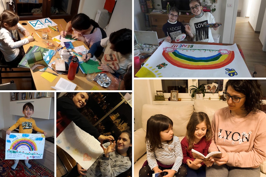 As outbreaks of COVID-19 began to disrupt life in country after country, Bahá’í communities found creative means to continue to serve their societies while maintaining safe measures put in place by their governments. Seen here are families in Italy praying and creating messages of hope for their fellow citizens.