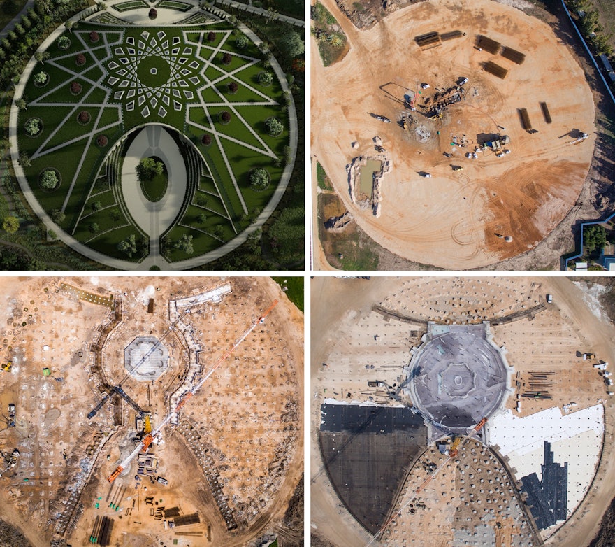 Work on the construction of the Shrine has progressed this year with the approval of local authorities at each stage. By April work on the foundations was giving shape to an imprint of the design’s elegant geometry (top left). The foundations have now been completed, allowing the first vertical elements of the edifice to rise.