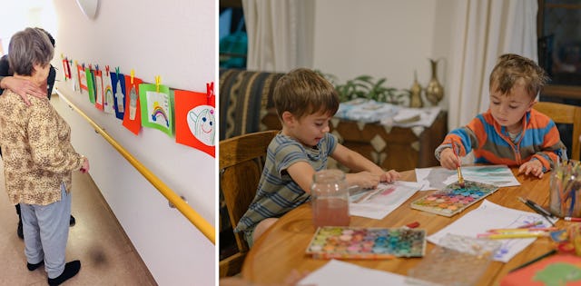 Izquierda: Niños de Berlín (Alemania), que participan en las clases bahá'ís, han hecho dibujos sobre el tema de la esperanza para los residentes de un hogar de ancianos. A la derecha: Niños de Nueva Zelanda pintando en su casa.