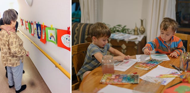 Left: Children in Berlin, Germany, who participate in Baha’i education classes, have made drawings on the theme of hope for the residents of a home for the elderly. Right: Children in New Zealand painting at home.