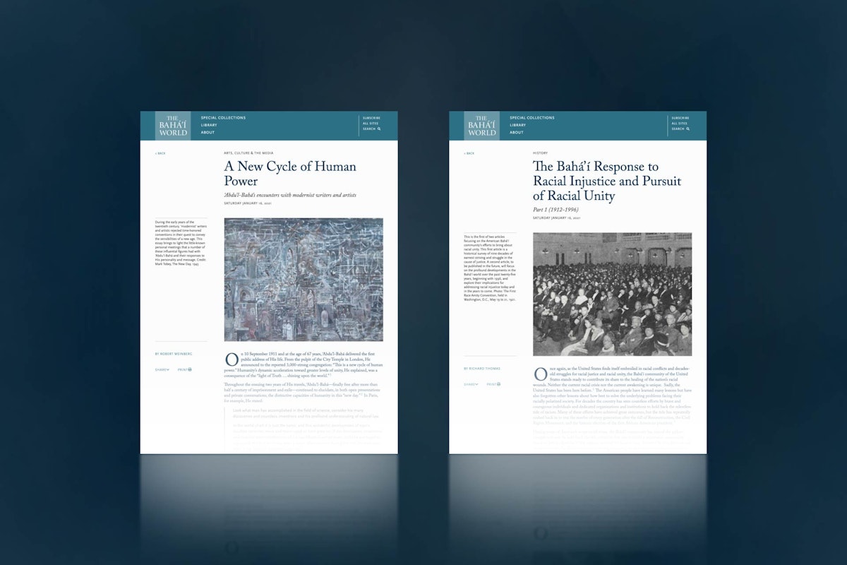 Two new articles have been published on The Bahá’í World website, entitled “A New Cycle of Human Power” and “The Bahá’í Response to Racial Injustice and Pursuit of Racial Unity: Part 1 (1912-1996)”.