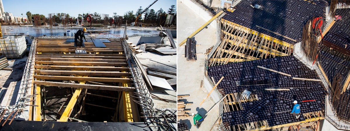 The formwork has been laid for the concrete floor of the central plaza.