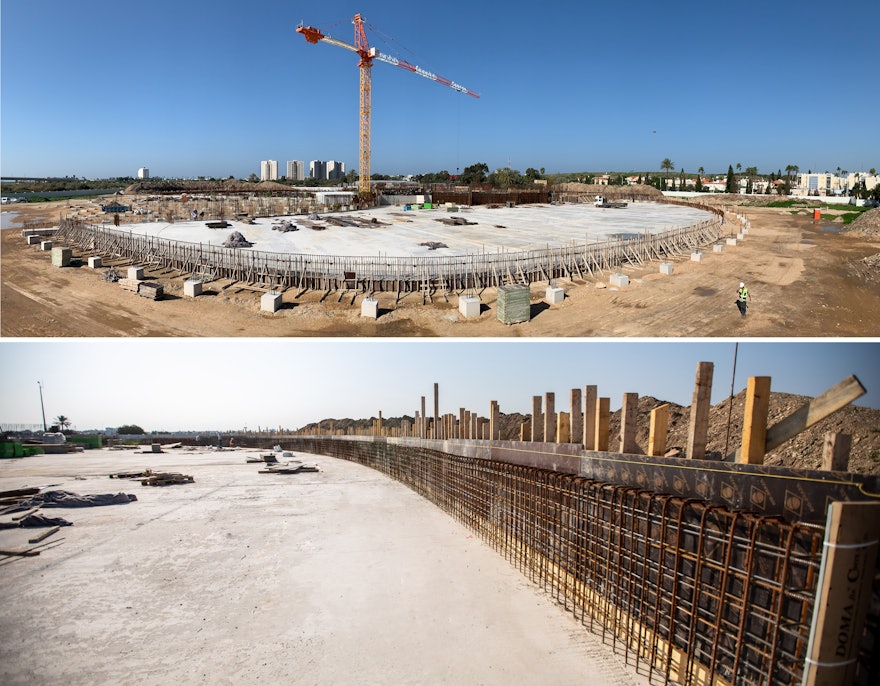 Un petit mur qui est relié à la base des talus est en cours de construction. Il formera un canal de drainage pour les jardins et soutiendra le bord intérieur d’un chemin qui encerclera le mausolée.