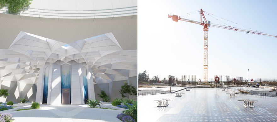 The architect’s design on the left shows the central structure and surrounding plaza. Current progress on the plaza floor can be seen on the right, where preparations are underway to raise the walls that will enclose this area on two sides.