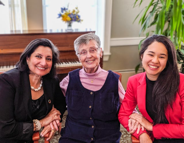 Bani Dugal, Principal Representative of the BIC (left), and BIC Representative Saphira Rameshfar (right) with Mary Power, who, as the Principal Representative of the BIC in 1995, chaired a major forum of nongovernmental organizations at the Fourth World Conference on Women.
