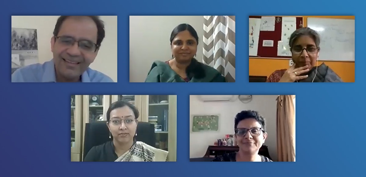 Participants at a seminar on food security and nutrition held recently by the Bahá’í Chair for Studies in Development at Devi Ahilya University, Indore. Left to right, top row: Arash Fazli, Assistant Professor and Head of the Bahá’í Chair; Dipa Sinha, a professor at Ambedkar University, Delhi; Vandana Prasad of the Public Health Research Network. Bottom row: Richa Kumar, professor of sociology at the Indian Institute of Technology, Delhi; Rohini Mukherjee of Naandi foundation.