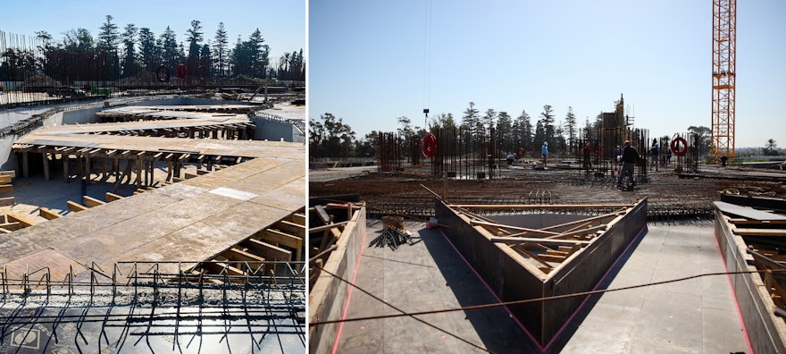 In one of the final stages of preparation for the floor of the central plaza, formwork is put in place for paths among the planters that will hold soil and irrigation for the gardens.