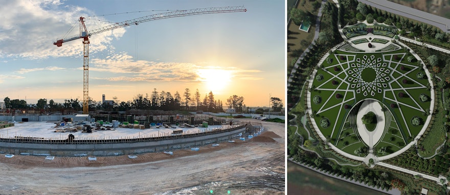 Una vista de la obra desde el oeste (izquierda). El muro que se ve en primer plano marca la línea en la que la pendiente de las bermas del jardín se unirá con el sendero circundante, como se aprecia en la representación del diseño (derecha).