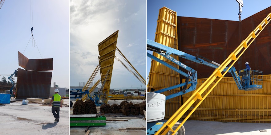 The formwork that will act as a mold for the plaza walls is assembled for the first time.