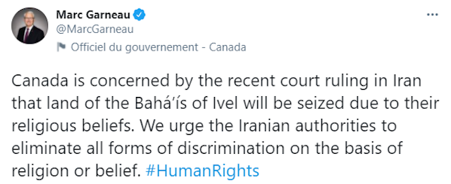 پیامی که توسط وزیر امور خارجۀ کانادا، مارک گارنو، در توئیتر منتشر شده است.