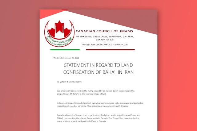 Una declaración del Consejo Canadiense de Imanes en apoyo a los bahá’ís de Ivel.