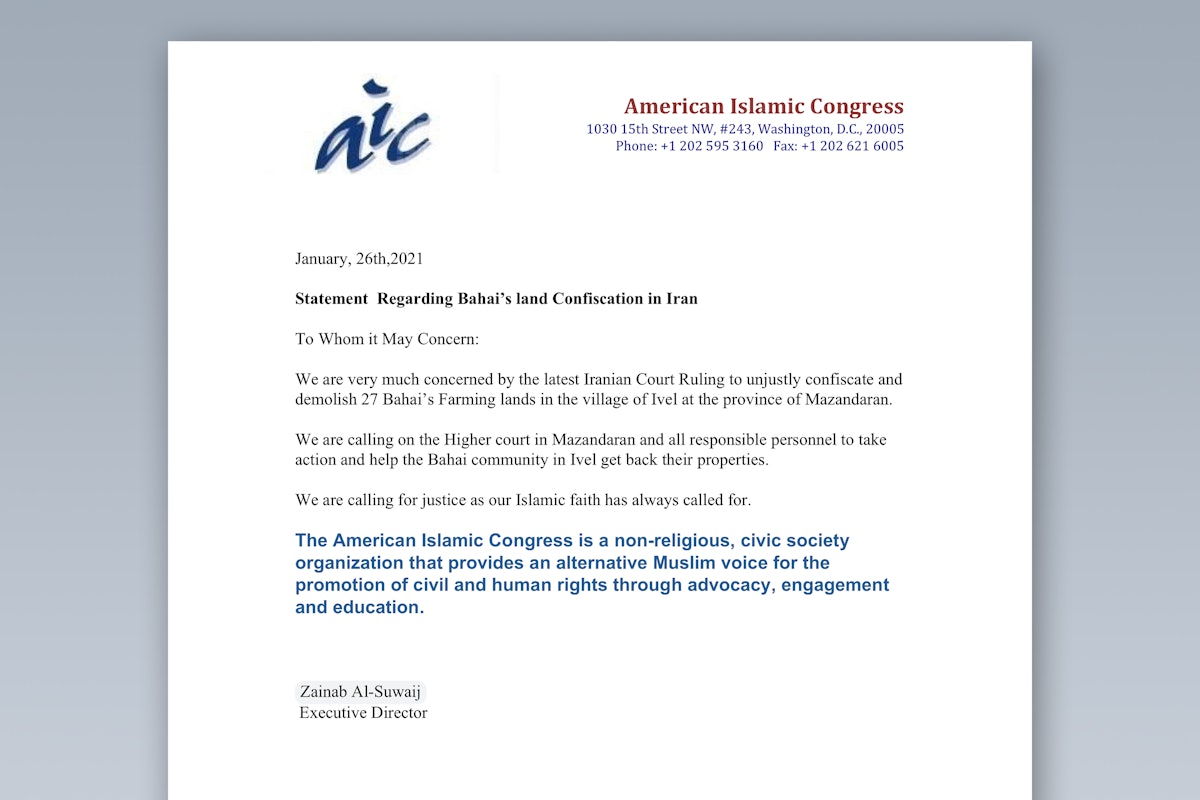 A statement of the American Islamic Congress in support of the Bahá’ís in Ivel.