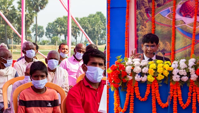 La ceremonia de colocación de la primera piedra que celebra el comienzo de la construcción de la Casa de Adoración local de Bihar Sharif, India, reunió a autoridades locales, representantes de la comunidad bahá'í y residentes de la zona.