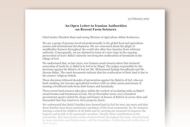 In an open letter to Iran’s Chief Justice Ebrahim Raisi and acting Minister of Agriculture Abbas Keshavarz, figures in the field of agriculture from several countries across the world—including Canada, Ethiopia, Mali, and the United States—say they are speaking out because they “are concerned about the plight of smallholder farmers throughout the world who often face injustice from arbitrary authority.