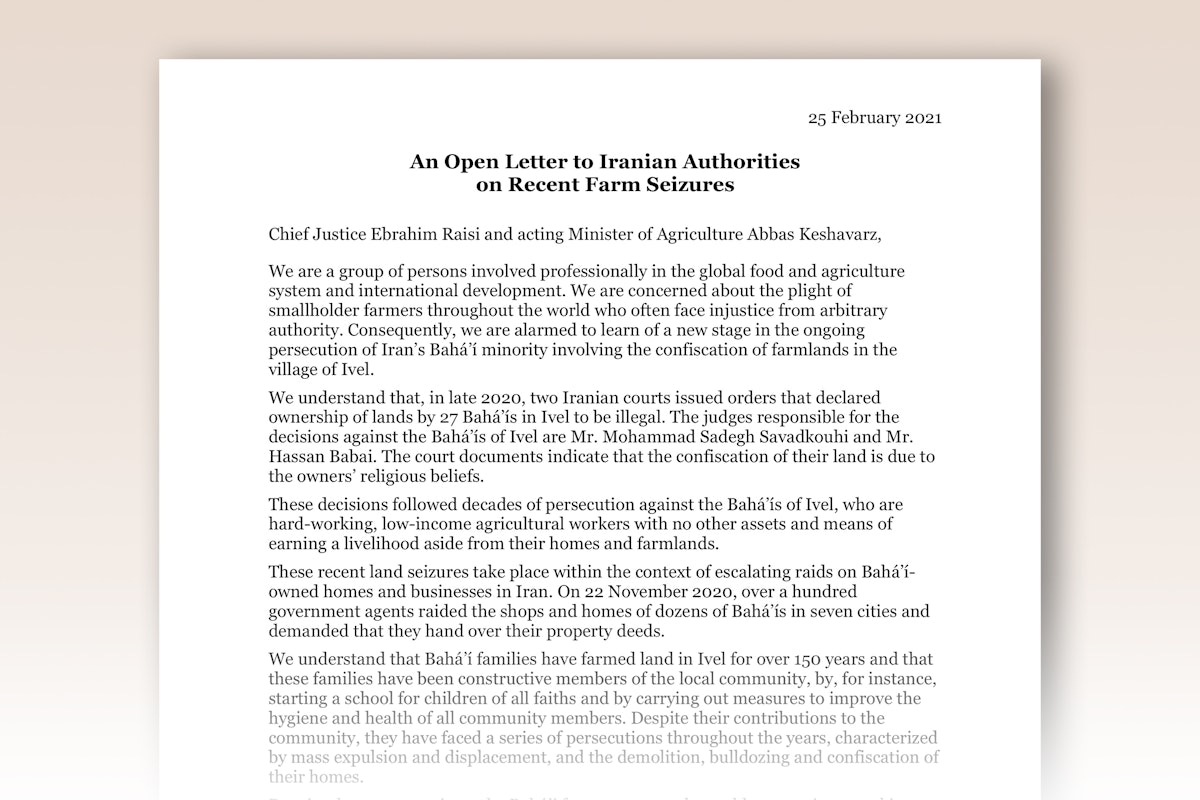 In an open letter to Iran’s Chief Justice Ebrahim Raisi and acting Minister of Agriculture Abbas Keshavarz, figures in the field of agriculture from several countries across the world—including Canada, Ethiopia, Mali, and the United States—say they are speaking out because they “are concerned about the plight of smallholder farmers throughout the world who often face injustice from arbitrary authority.