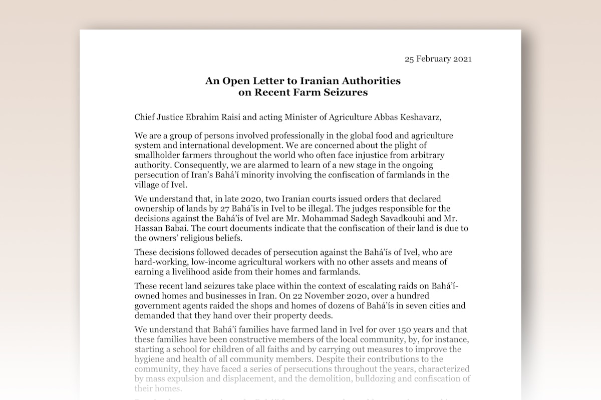 Dans une lettre ouverte (en anglais) adressée au président de la Cour suprême d’Iran Ebrahim Raisi et au ministre de l’Agriculture par intérim Abbas Keshavarz, des personnalités du monde agricole de plusieurs pays à travers le monde, dont le Canada, l’Éthiopie, le Mali et les États-Unis, affirment qu’elles s’expriment parce qu’elles « sont préoccupées par le sort des petits exploitants agricoles du monde entier qui sont souvent confrontés à l’injustice d’une autorité arbitraire ».