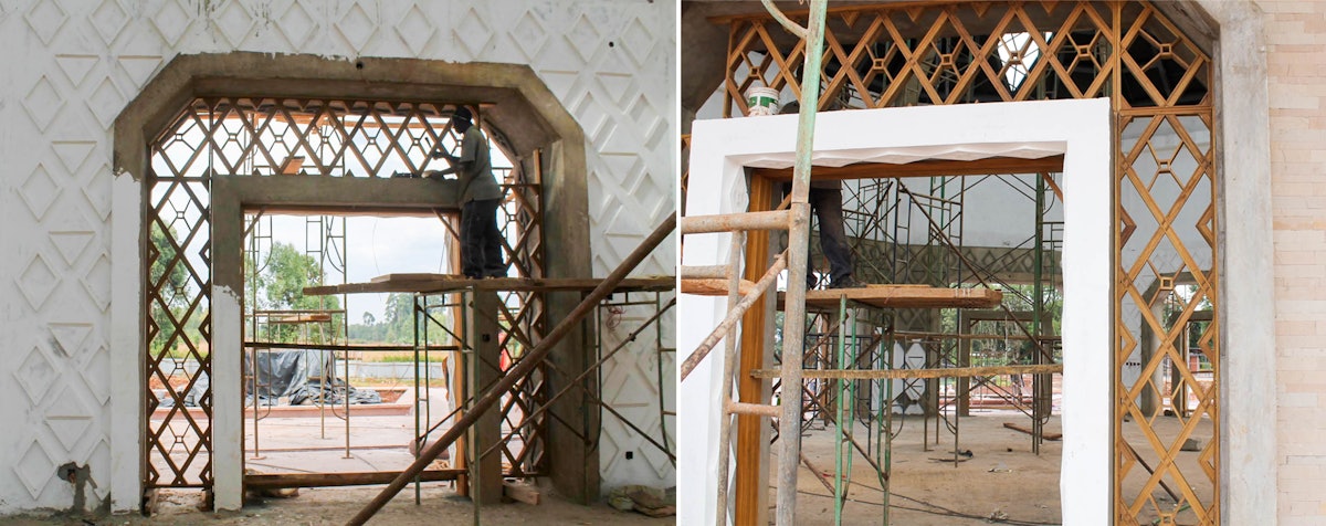 The interior and exterior of the temple’s nine doorways are being decorated with wood and paster. The latticework around each door is being prepared at a workshop in the Matunda Soy area and is made from mvule, a wood native to eastern Africa.