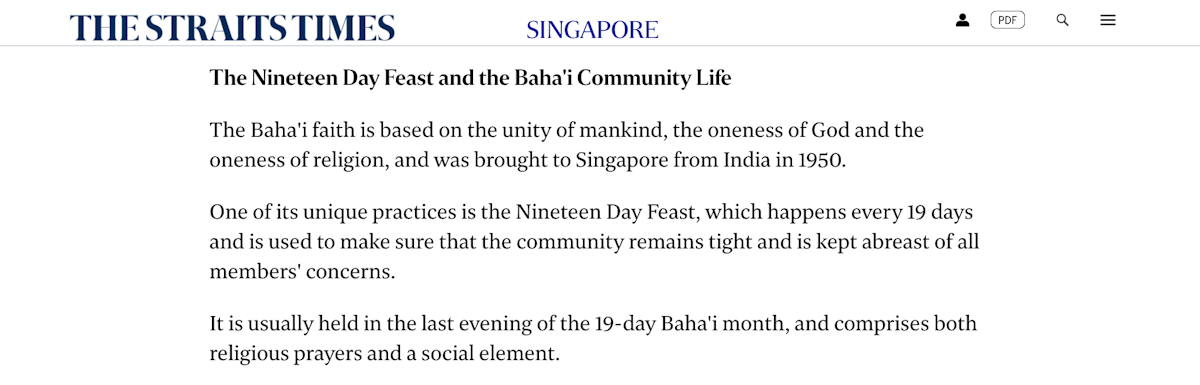 An article in the Straits Times, a leading Singapore newspaper, highlighted new additions to the country’s intangible cultural heritage list, including the Bahá’í Nineteen Day Feast.