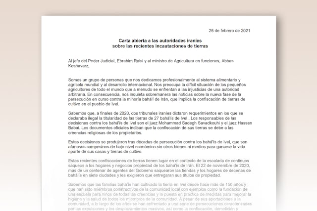 En una carta abierta al jefe del Poder Judicial de Irán Ebrahim Raisi y al ministro de Justicia en funciones Abbas Keshavarz, destacadas figuras del ámbito de la agricultura de varios países del mundo, entre ellos Canadá, Etiopía, Mali y Estados Unidos, dicen que alzan la voz motivados por «la preocupación ante la dramática situación de los pequeños agricultores de todo el mundo que con frecuencia se han de enfrentar a las tropelías de una autoridad abusiva».