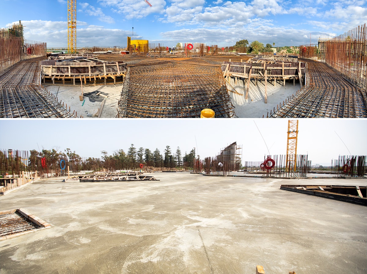 Views of the central plaza area before (top) and after (bottom) this week’s work.