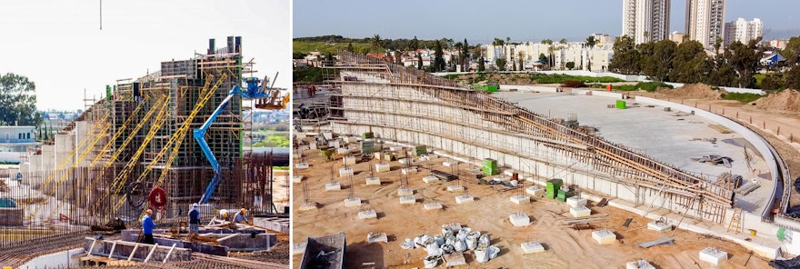 Pictured here are two views of work on the east portal wall of the south plaza. The wall was built up in several layers, and its sloped upper edge is now being completed.