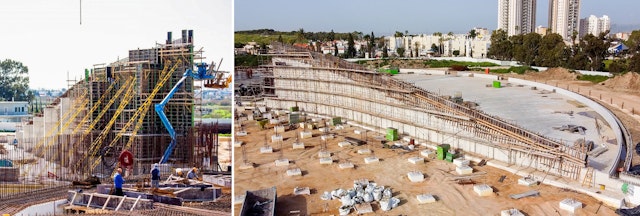 Pictured here are two views of work on the east portal wall of the south plaza. The wall was built up in several layers, and its sloped upper edge is now being completed.