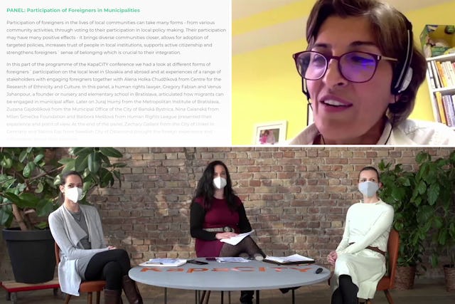 Venus Jahanpur z Bahájskeho úradu pre zahraničné veci (vpravo hore) a ďalší účastníci nedávnej konferencie o občianskej účasti organizovanej Ligou za ľudské práva na Slovensku. Za posledných niekoľko rokov bahájska komunita na Slovensku prispela k diskusiám a vytvorila priestor, v ktorom môže uvažovanie o prisťahovalectve napredovať.