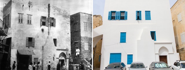 A historic (left) and current (right) view of the east façade of the house. This is the part of the house first occupied by Bahá’u’lláh and his family—known as the House of ‘Údí K̲h̲ammár—with the room (at upper-left) where Bahá’u’lláh revealed the Kitáb-i-Aqdas, the Most Holy Book of the Bahá’í Faith.