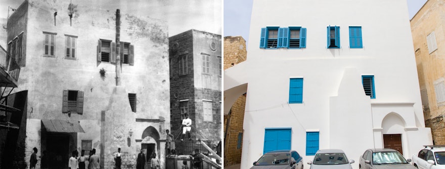 Une vue historique (à gauche) et actuelle (à droite) de la façade est de la maison. C’est la partie de la maison occupée en premier lieu par Bahá’u’lláh et sa famille – connue sous le nom de maison de ‘Údí K̲h̲ammár – avec la pièce (en haut à gauche) où Bahá’u’lláh a révélé le Kitáb-i-Aqdas, le Plus Saint Livre de la foi bahá’íe.