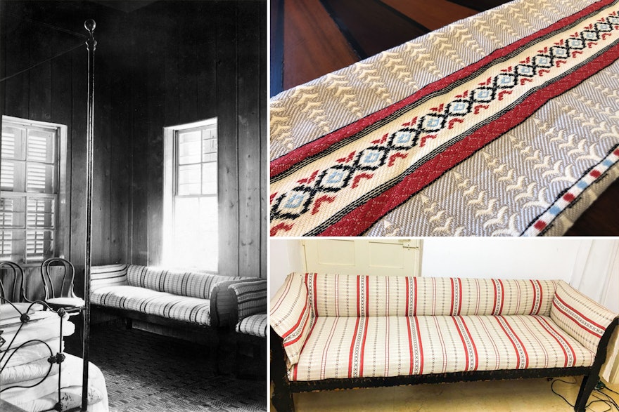 A set of sofas from the house were restored to their original appearance. The upholstery pattern was recreated from a few photographs and used by a textile producer to replicate the fabric.