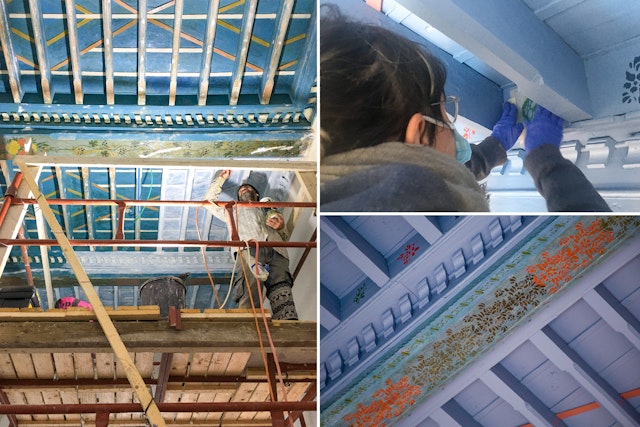 Ceiling patterns in another room of the house which had become concealed overtime have been restored.