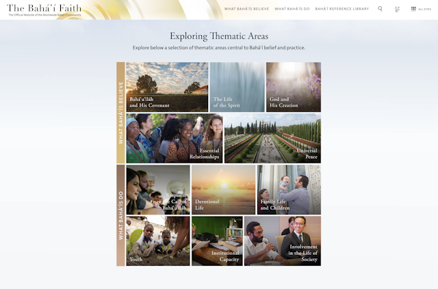 Unos 140 artículos de la página web se clasifican en colecciones sobre un amplio abanico de temas en dos grandes secciones: «En qué creen los bahá’ís» y «Qué hacen los bahá’ís».