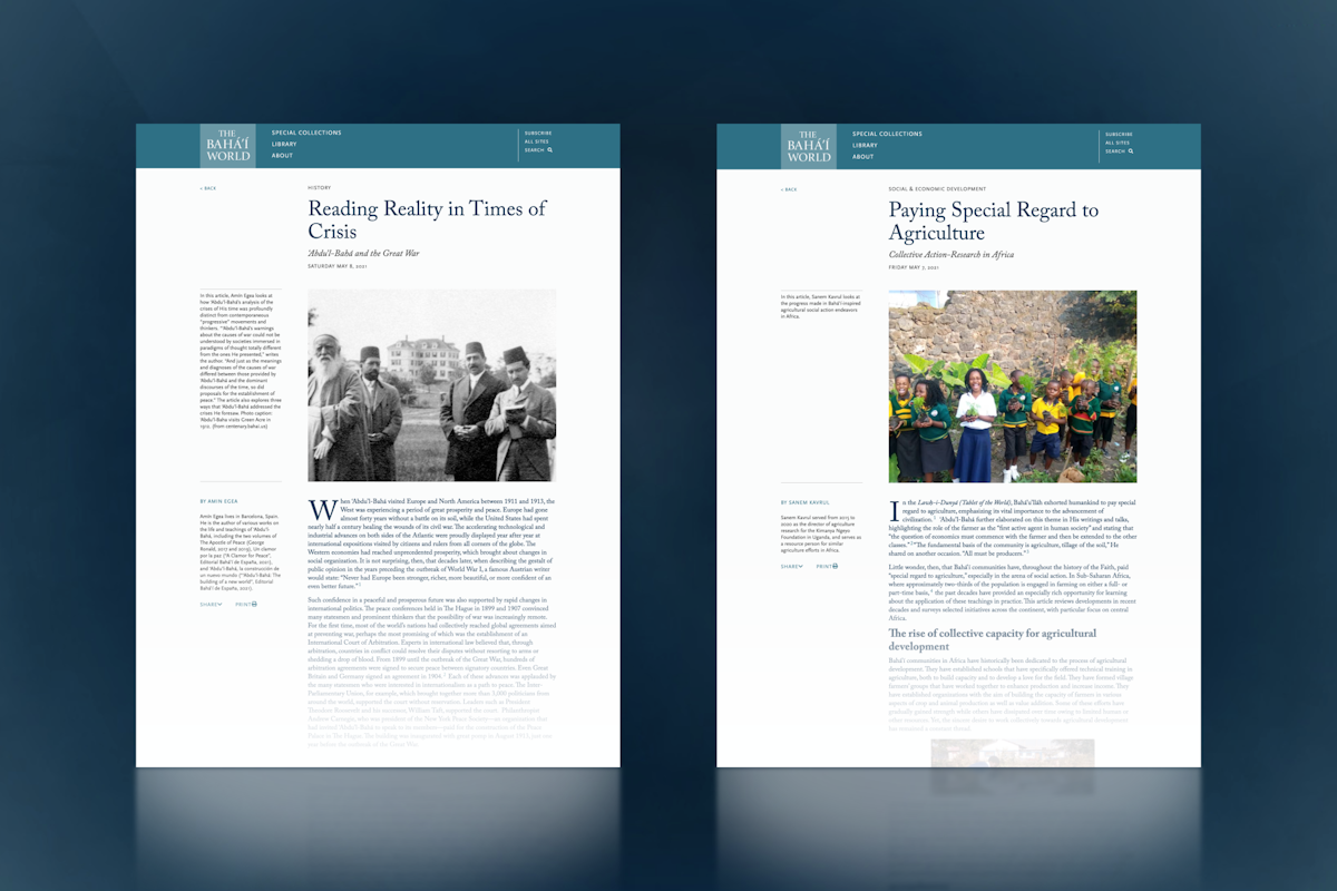 The Bahá’í World online publication releases two new articles, “Reading Reality in Times of Crisis: ‘Abdu’l-Bahá and the Great War” and “Paying Special Regard to Agriculture: Collective Action-Research in Africa.”