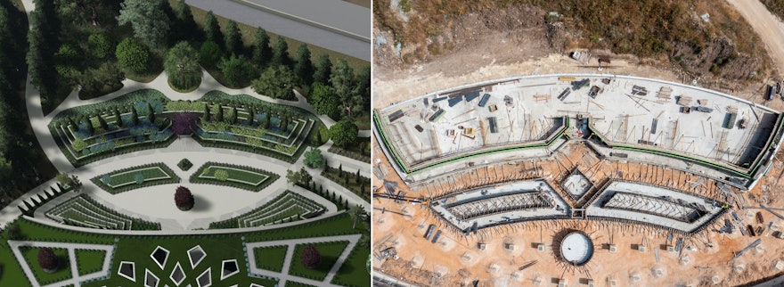 The current progress on the north plaza is seen on the right next to the design rendering on the left.