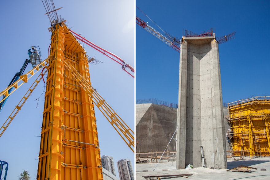 En la imagen de la derecha se ve la primera columna terminada. En la izquierda se observa la construcción de la segunda columna, que se terminó la semana pasada.