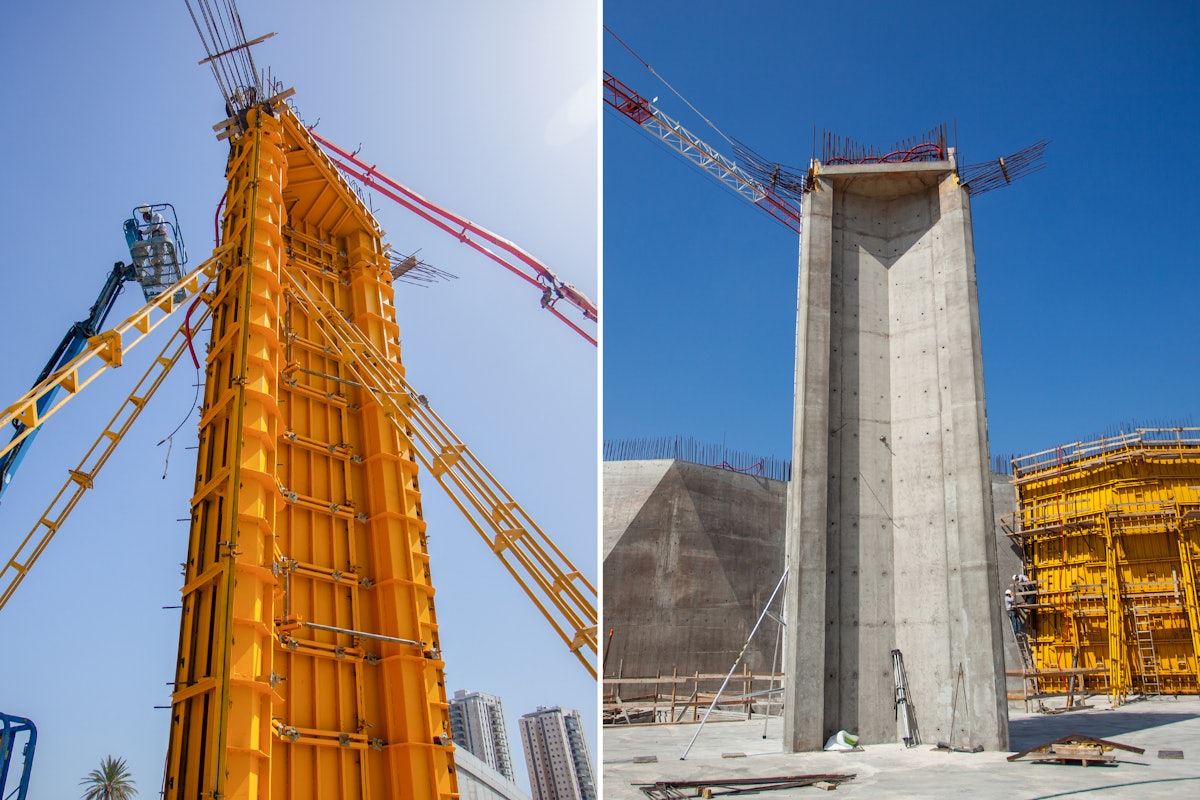 En la imagen de la derecha se ve la primera columna terminada. En la izquierda se observa la construcción de la segunda columna, que se terminó la semana pasada.