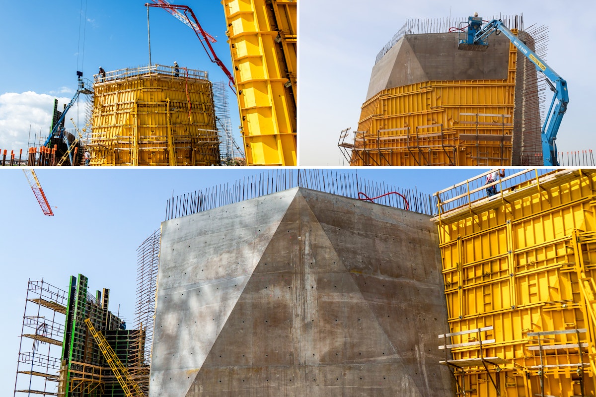The steel formwork, seen in yellow, is assembled in place. Concrete is then poured and is allowed to set. The formwork is finally taken apart and reused for the next segment.