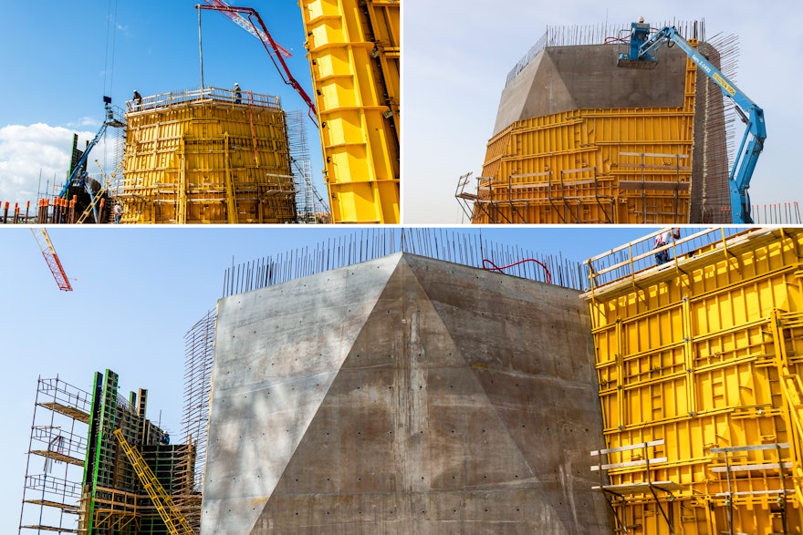 The steel formwork, seen in yellow, is assembled in place. Concrete is then poured and is allowed to set. The formwork is finally taken apart and reused for the next segment.