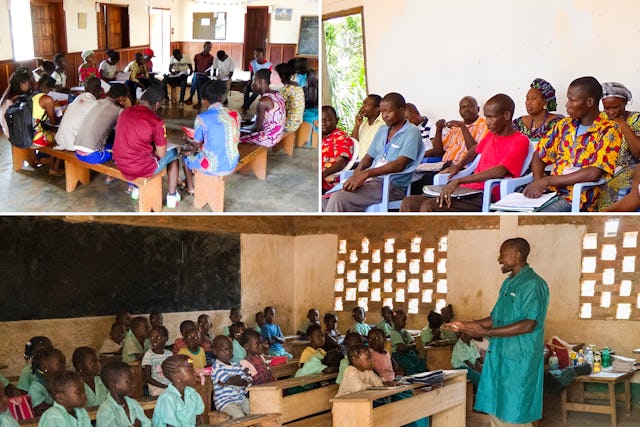 Photographs taken before the current health crisis. Teachers from community schools established with the support of a Bahá’í-inspired organization have sought ways to re-establish programs in temporary locations during times of intense conflict.