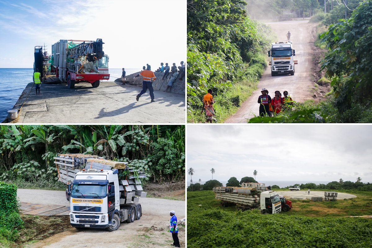 Components of the temple and construction equipment are brought ashore and transported to the site of the temple overlooking the town of Lenakel and the Pacific Ocean.