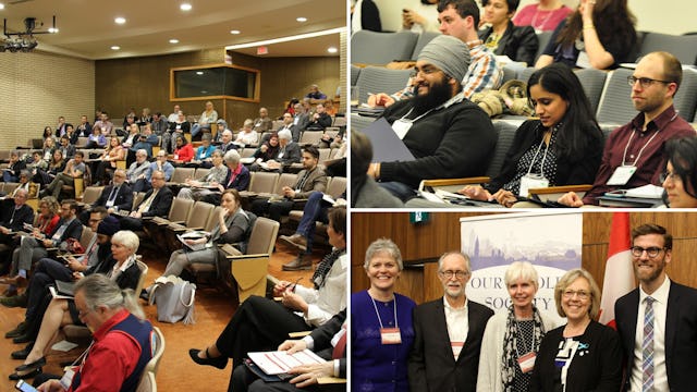 Photographies prises avant la crise sanitaire actuelle. Au cours des dernières années, la communauté bahá’íe canadienne s’est impliquée dans l’organisation de nombreuses conférences (en anglais) et d’autres espaces pour discuter de la place de la religion dans la vie publique et de la contribution de la religion à l’amélioration de la société. On voit ici est une conférence annuelle intitulée Une société complète.