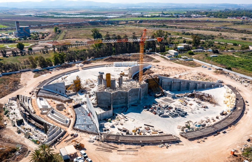 An aerial view from the northwest looking toward the Riḍván Garden.