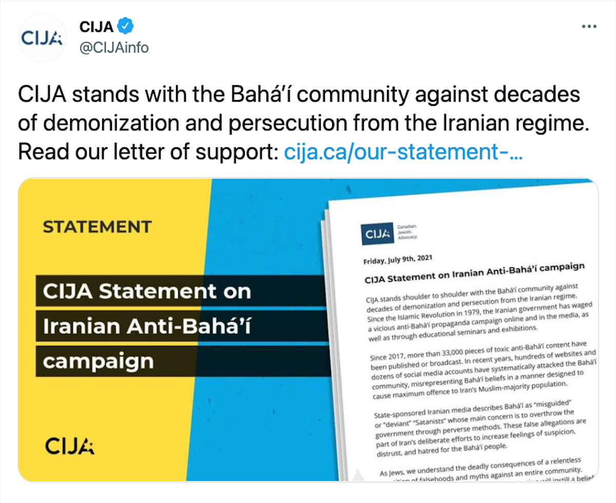 Message publié sur Twitter par le CIJA, partageant une déclaration exprimant sa grave préoccupation quant aux derniers développements en Iran.