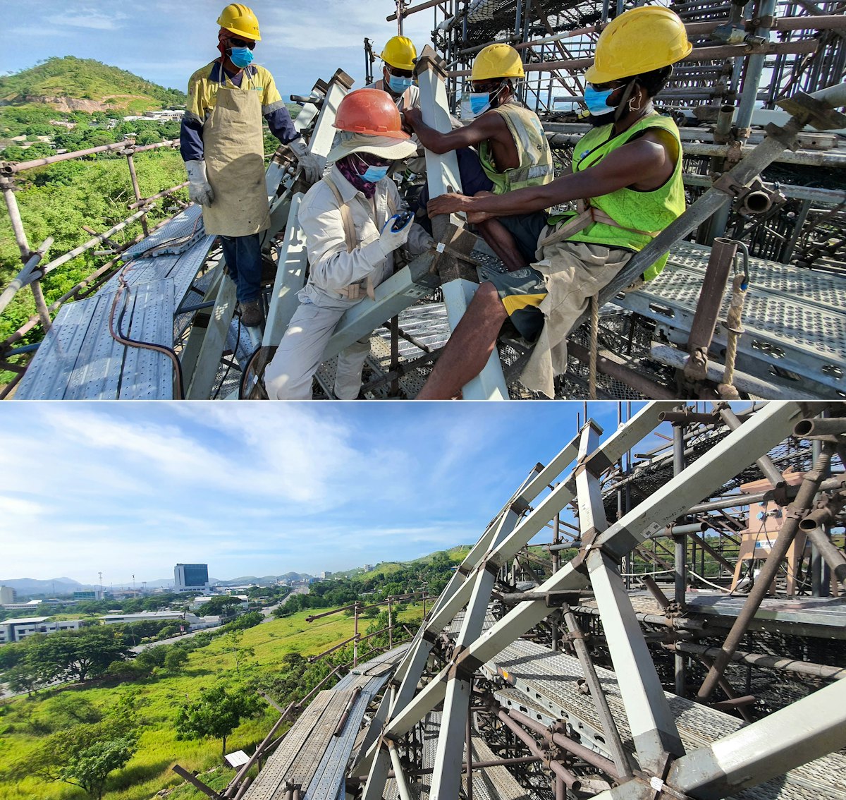 Workers position the steel elements of the structure with great precision while a surveyor provides directions from ground level.