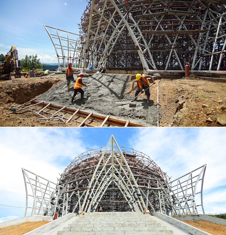 Concrete is poured to reinforce the ground in preparation for construction of the stairs leading to the main entry canopy of the Temple. Lower picture shows one of nine sets of stairs.