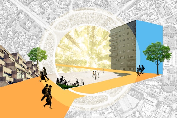 Collage of aerial shot of city with orange path and people gathering throughout community.
