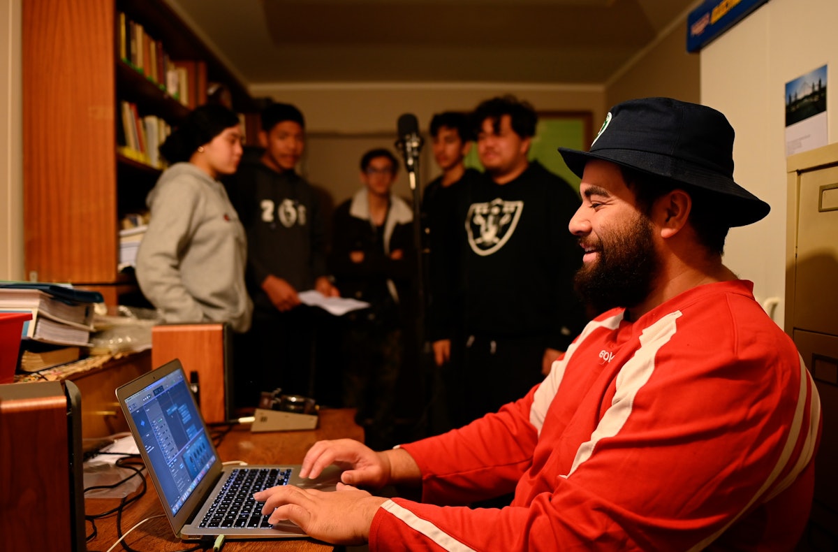 In-person gatherings held according to safety measures required by the government. A recording session in which youth from the Manurewa neighborhood of Auckland are creating songs to inspire action for the wellbeing of their community.