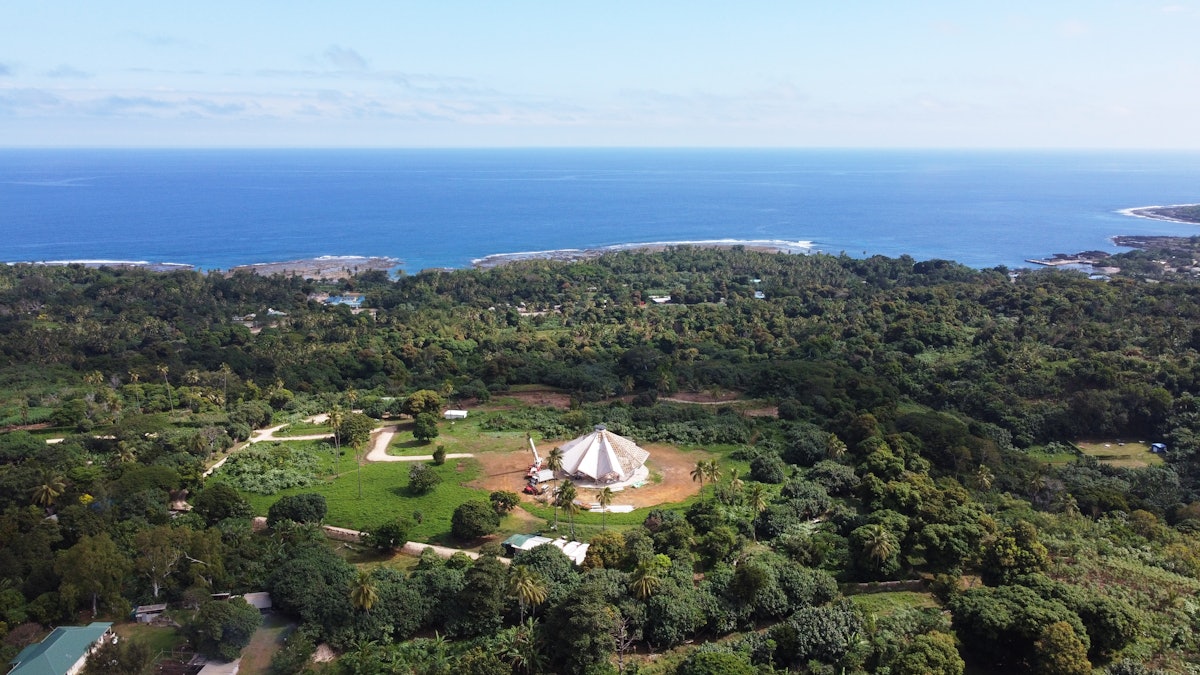 An aerial view of the Bahá’í House of Worship in Tanna.