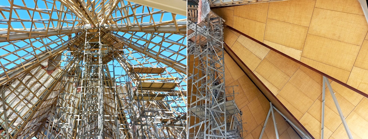 Progress is being made on the installation of the interior ceiling panels, made from traditional woven mats. While providing a beautiful and familiar interior, the panels will dampen acoustic reverberations within the temple.