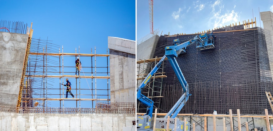 Un primer plano, en una fase previa, de los segmentos de muro que conectan los muros de las plazas central, norte y sur.